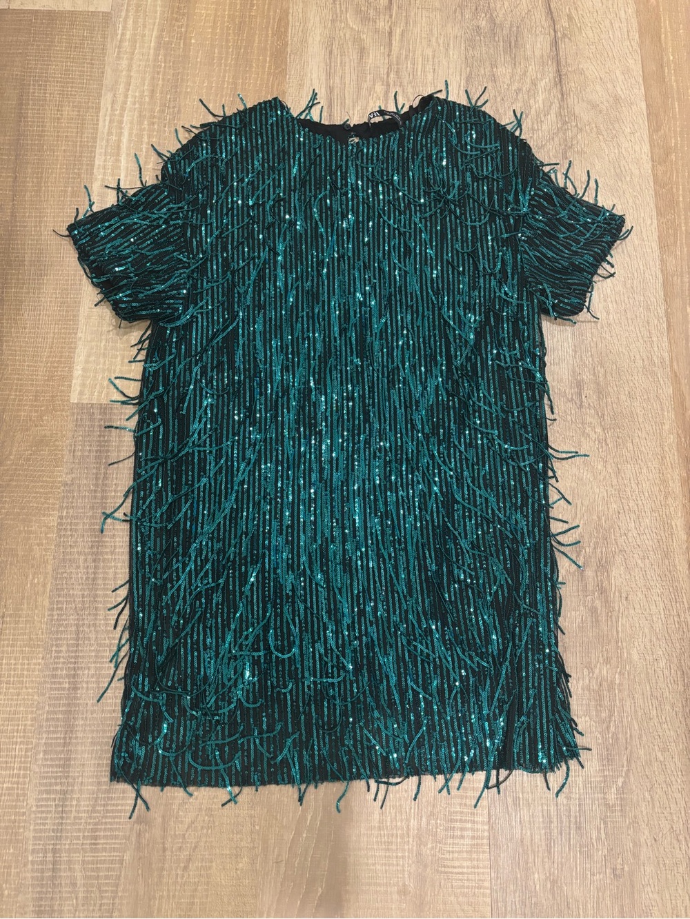 Zara Teal Sequin Fringe Short Sleeve Dress